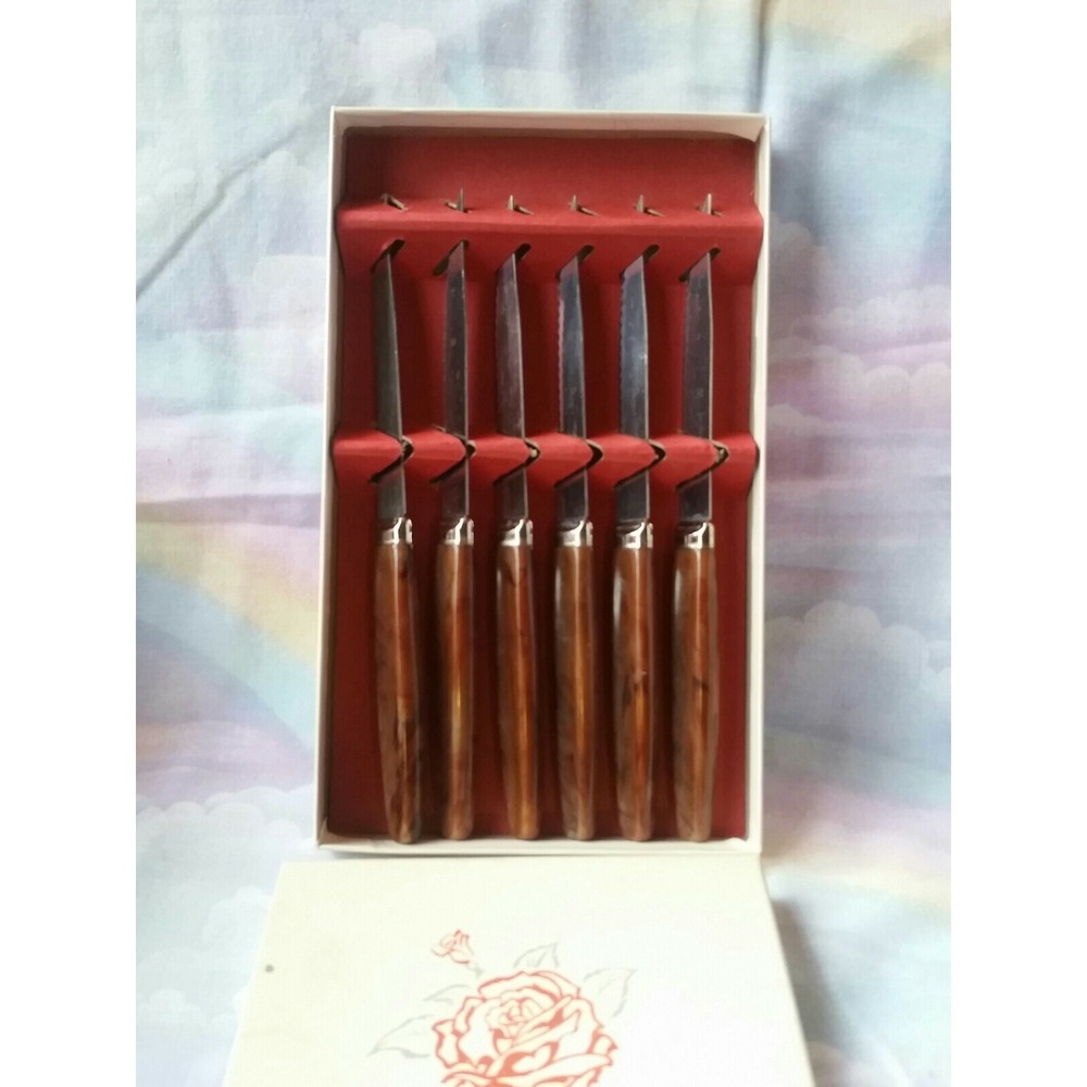 Vintage Regent Sheffield Brown Handle Woodgrain Look Stainless 6pc Steak Knife
